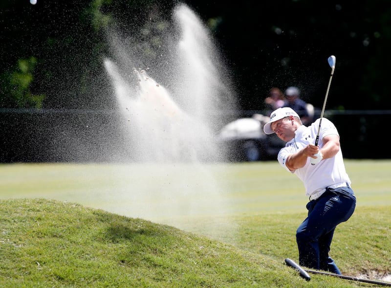 Daniel Summerhays hits out of the sand to the eighth green during Zurich Classic at TPC Louisiana in Avondale, La., Sunday, April 29, 2018.