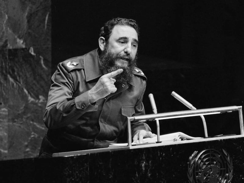 This Oct. 12, 1979, file photo shows Cuban dictator Fidel Castro gesturing as he speaks at the United Nations.
