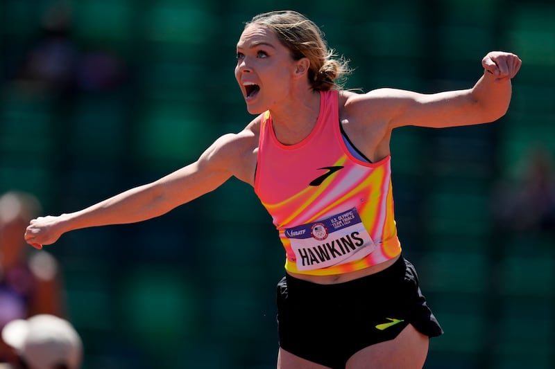 Chari Hawkins competes in the women's heptathlon javelin throw during the U.S. Track and Field Olympic Team Trials Monday, June 24, 2024, in Eugene, Ore.