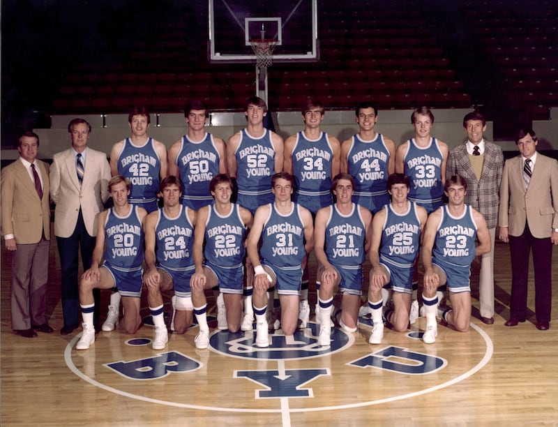 BYU head coach Frank Arnold poses with his 1980-81 basketball team, which was the last Cougars team to reach the Elite Eight.