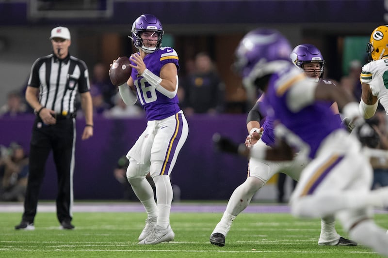 Minnesota Vikings Jaren Hall during an NFL game, Sunday, Dec. 31, 2023 in Minneapolis.