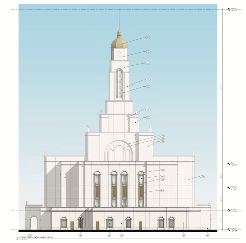 An exterior plan for the Lone Mountain Nevada Temple of The Church of Jesus Christ of Latter-day Saints is shown.