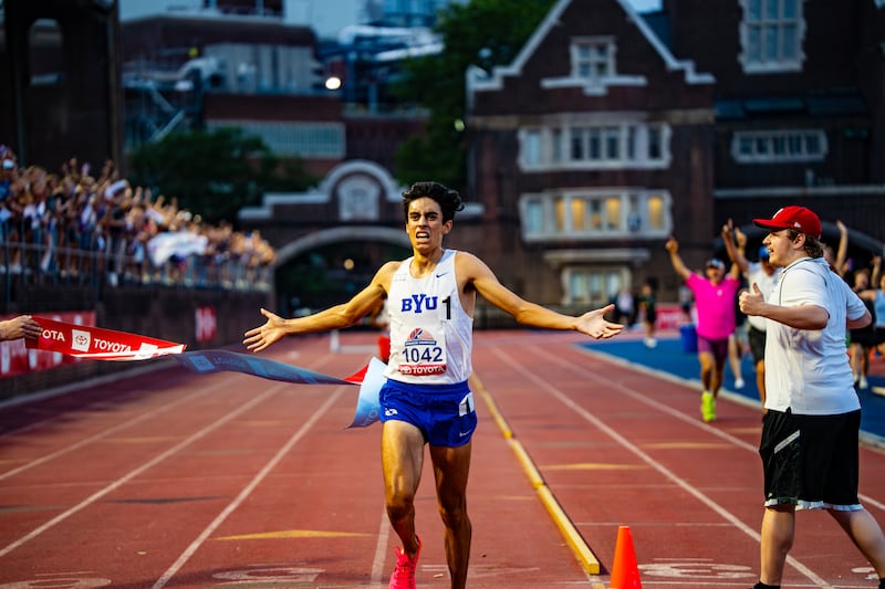 BYU steeplechaser James Corrigan crosses the finish line Saturday, June 29, 2024, to qualify for the 2024 Summer Games in Paris.