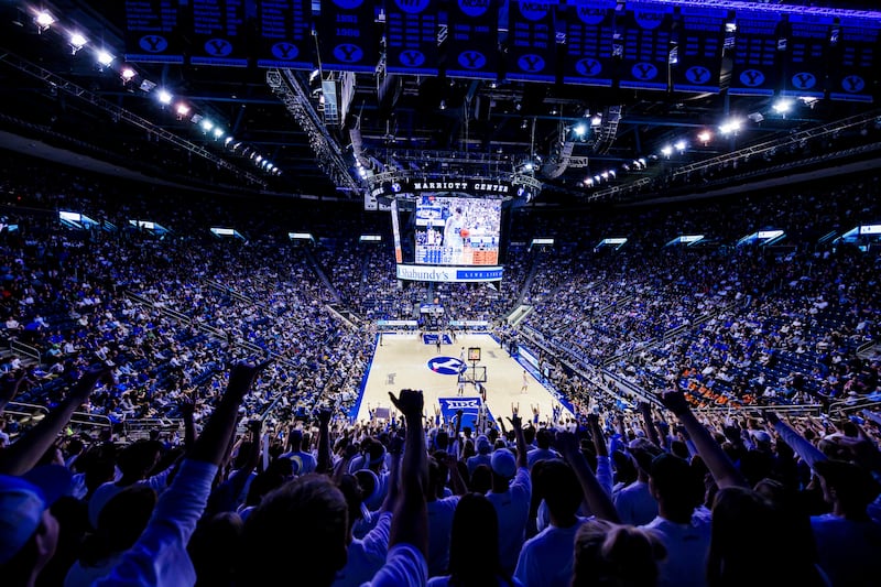 BYU fans cheer during game against Oklahoma State on March 9, 2024, at the Marriott Center in Provo.