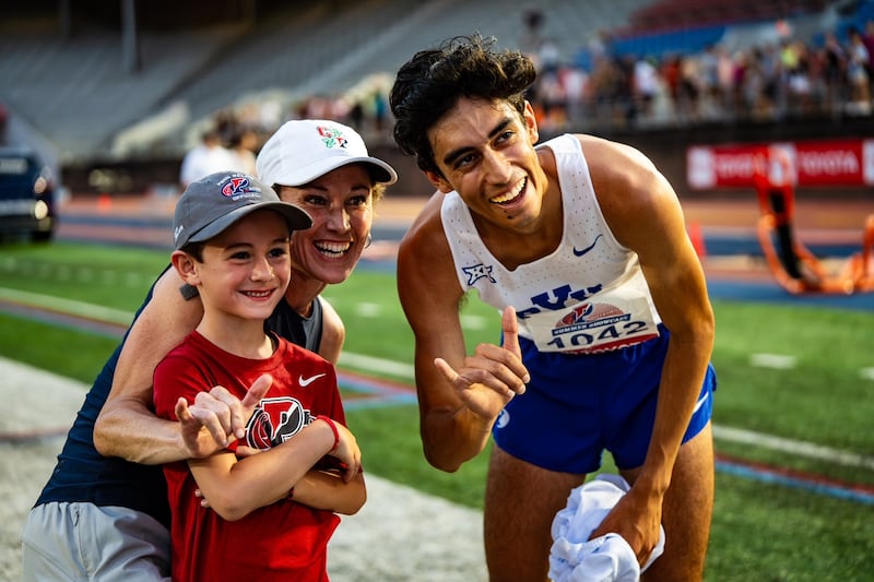 BYU steeplechaser James Corrigan, right, is all smiles Saturday, June 29, 2024, in Philadelphia after qualifying for the 2024 Summer Games in Paris.