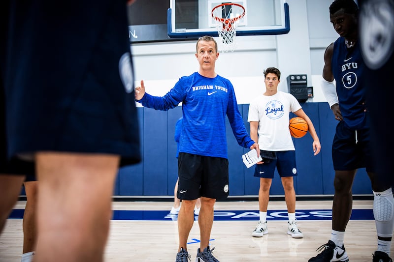 BYU basketball assistant coach Tim Fanning instructs players during workouts in the Marriott Center Annex in Provo.