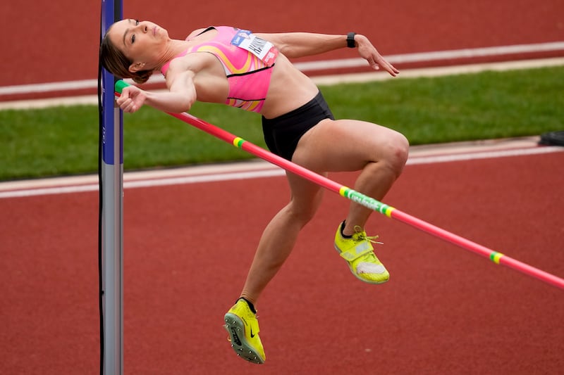 Chari Hawkins competes in the heptathlon high jump during the U.S. Track and Field Olympic Team Trials Sunday, June 23, 2024, in Eugene, Ore.