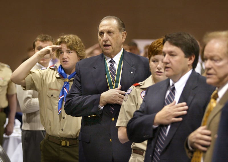 President Thomas S. Monson at the 14th Annual Great Salt Lake Council Boy Scouts of America Breakfast for Champions at the South Towne Exposition Center on April 13, 2002.