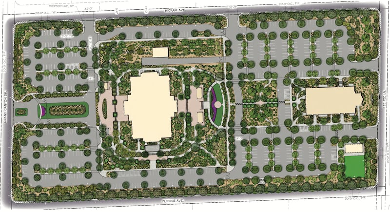 A rendering shows the landscaping for the proposed Lone Mountain Nevada Temple in plans submitted to the Las Vegas City Council.