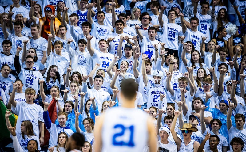 BYU fans cheer on the Cougars during victory over Texas in the Marriott Center in Provo on Jan. 27, 2024. The addition of new coach Kevin Young and some top-tier recruits have excited the fanbase in Provo.