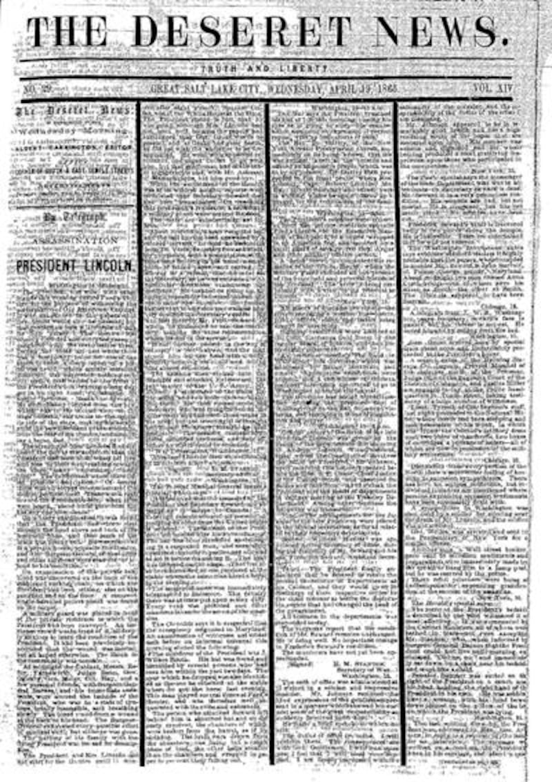 Deseret News’ historic coverage of the assassination of Abraham Lincoln.