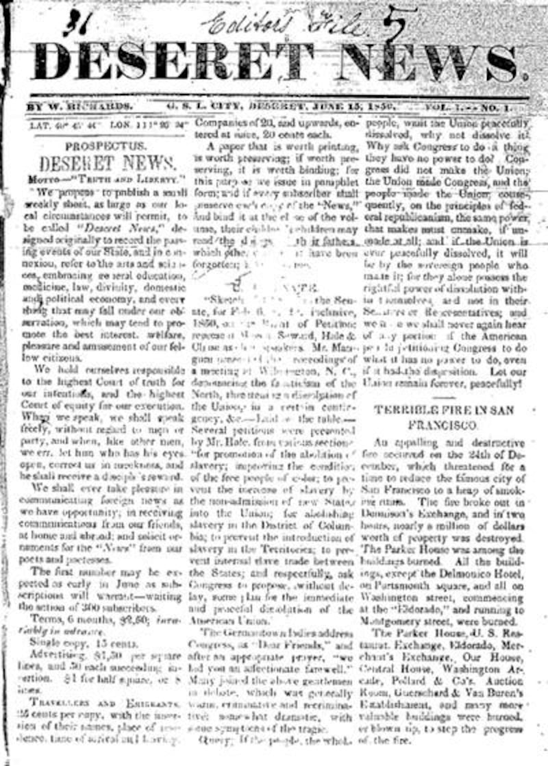 The front page of the first issue of The Deseret News.