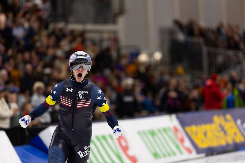 U.S. skater Ethan Cepuran celebrates after breaking a world record in the team pursuit with teammates Casey Dawson and Emery Lehman at the ISU World Cup Speed Skating at the Utah Olympic Oval in Kearns on Jan. 27, 2024.
