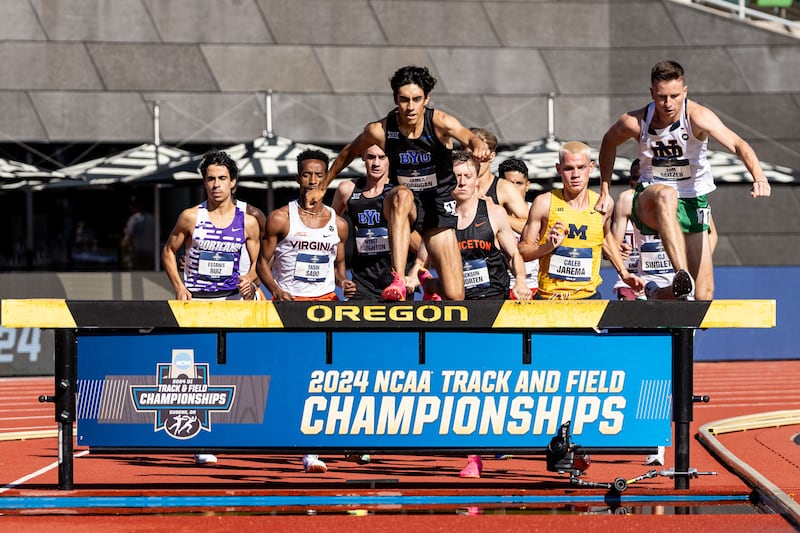 BYU steeplechaser James Corrigan competes in the NCAA Outdoor Championships June 5, 2024, in Eugene, Oregon. Corrigan finished third in the U.S. Olympic trials last Sunday and has one more shot to make the U.S. team Saturday in Philadelphia.
