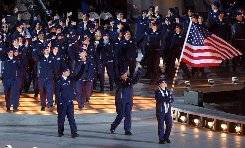 Team USA enters Rice-Eccles Stadium during the opening ceremonies of the Salt Lake 2002 Winter Games on Feb. 8, 2002.