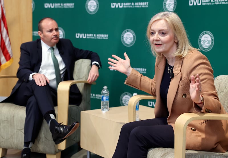 Utah Sen. Mike Lee and former British Prime Minister Liz Truss talk about at Utah Valley University in Orem on Feb. 20, 2024.
