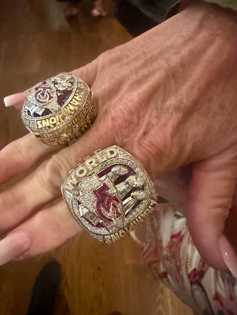 Tammy Reid, wife of Kansas City Chiefs coach Andy Reid, wears the team's 2019 and 2022 championship rings during a dinner at the Riverside Church in New York City on Saturday, June 8, 2024.