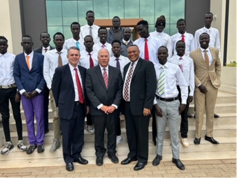 Elder Ronald A. Rasband of the Quorum of the Twelve Apostles, front center, met with a group of South Sudanese refugees in Nairobi, Kenya.